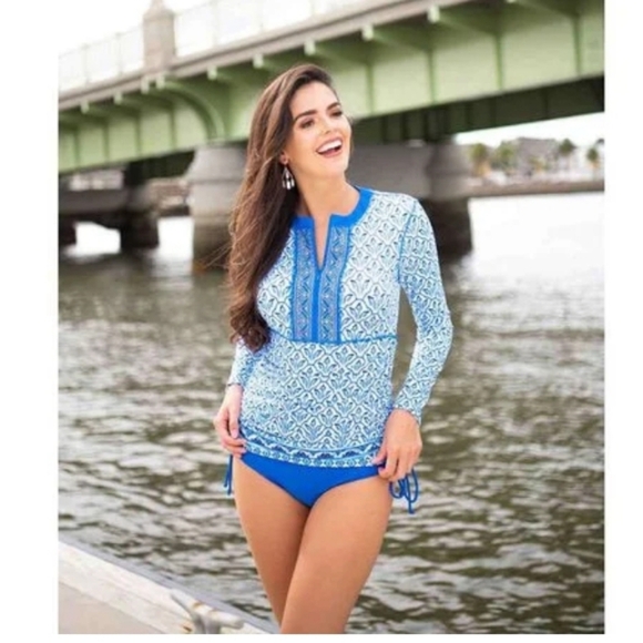 CABANA LIFE Palm Dessert UPF +50 Embroidered Rash Guard rouched SWIM Dress  MED - Picture 4 of 11